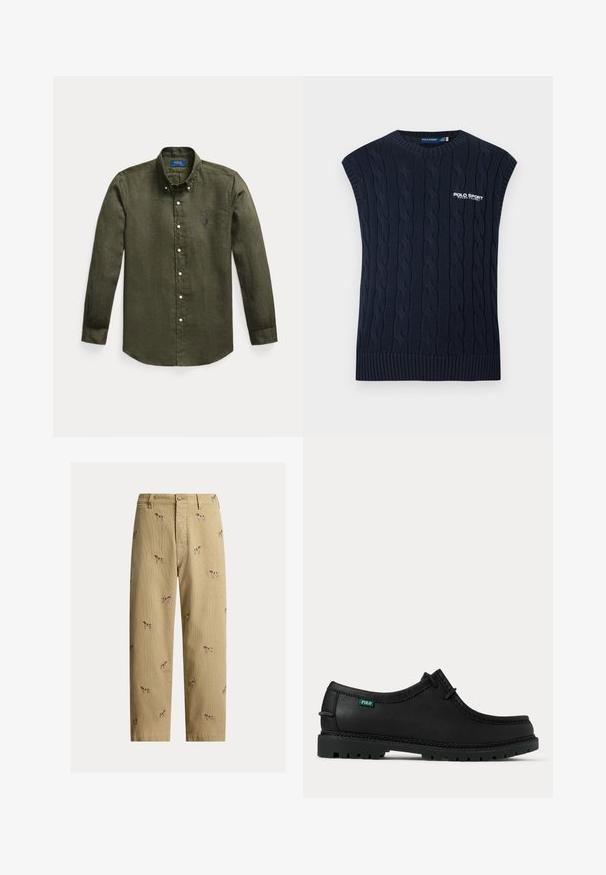Tmavě modrá pletená vesta bez rukávů s kulatým výstřihem, žebrovaným lemem a bílým logem Polo Sport Ralph Lauren na hrudi.; Košile s dlouhým rukávem olivově zelená na knoflíky s límečkem s knoflíky a malým modrým vyšívaným logem na levé hrudi.; Béžové manšestrové kalhoty s vyšívanými motivy psů, rovný střih nohou a pět kapes s předním zapínáním na knoflík.; Černá kožená kotníková pohodlná obuv s tlustou vzorkovanou podrážkou a malou zelenou štítkem "Polo" na boku u paty.