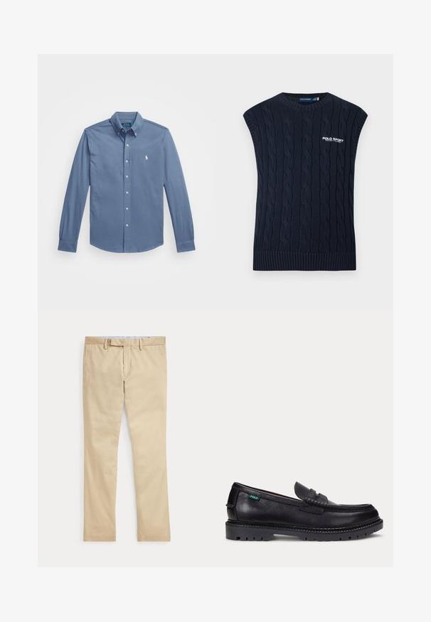 Marineblå kabelstrikket ærmeløs sweatervest med rund hals, ribkant og hvid Polo Sport Ralph Lauren-logo på brystet.; Knap-up skjorte i lys blå, lavet af bomuldsstof, lange ærmer med knapmanchetter, klassisk krave og broderet logo på brystet.; Beige bukser med lige ben, bæltestropper og frontlynlås, lagt fladt mod en hvid baggrund.; Sort læderloafer med tyk, mønstret sål og lille grøn "Polo"-mærke på ydersiden nær hælen.