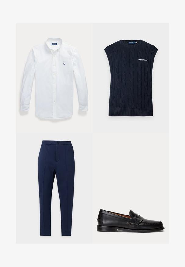 Marineblaue kabelgestrickte ärmellose Pulloverweste mit rundem Hals, geripptem Saum und weißem Polo Sport Ralph Lauren Logo auf der Brust.; Weißes, langärmeliges Hemd mit Knopfleiste und Kragen, Polo Ralph Lauren-Logo auf der linken Brust gestickt.; Marineblaue maßgeschneiderte Hose mit vorderen Bügelfalten, Knopfverschluss und knöchellangen Säumen vor hellem, einfarbigem Hintergrund.; Schwarzer Lederloafer mit niedrigem Absatz und Pennyriemendetail, von der Seite auf hellgrauem Hintergrund gezeigt.
