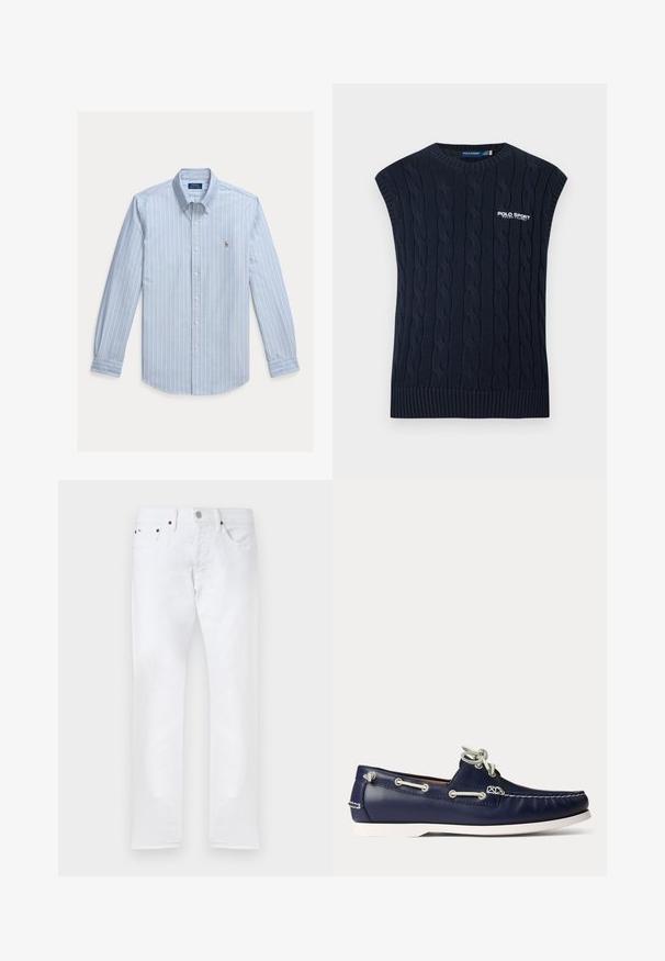 Marineblå kabelstrikket ærmeløs sweatervest med rund hals, ribkant og hvid Polo Sport Ralph Lauren-logo på brystet.; Lyseblå langærmet skjorte med hvide lodrette striber og et lille broderet Polo Ralph Lauren-logo på brystet.; Hvide slim-fit jeans med fem lommer, knaplukning og bæltestropper, vist fladt på en hvid baggrund.; Flåden blå læder bådsko med hvide snørebånd og syninger, med hvid gummisål og metaløjer på en lyse baggrund.