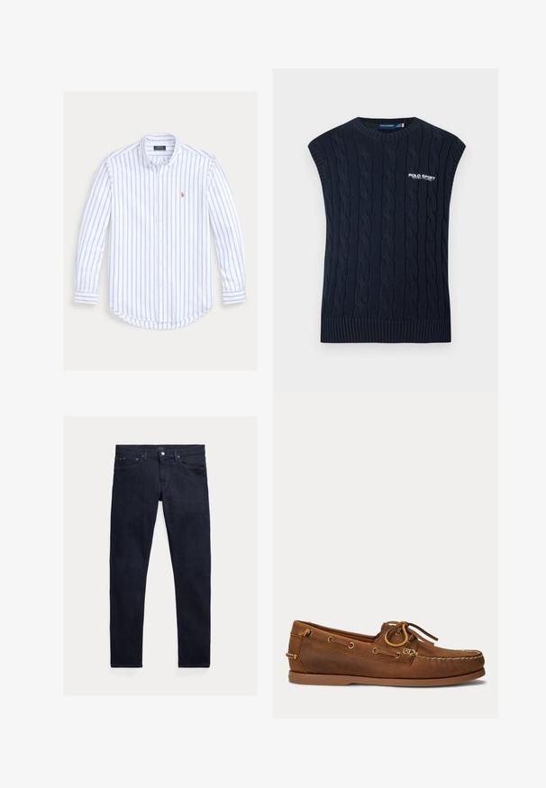 Chaleco de punto calado azul marino sin mangas con cuello redondo, dobladillo acanalado y logotipo blanco de Polo Sport Ralph Lauren en el pecho.; Camisa de manga larga con botones, con rayas verticales azul claro y un pequeño logo bordado en el pecho izquierdo.; Vaqueros de mezclilla azul oscuro con un ajuste entallado. Cuenta con cinco bolsillos, cierre de cremallera y botón metálico. Textura suave con un desgaste mínimo.; Zapato náutico de cuero marrón con costura de mocasín, detalle de cordones pasados por ojales metálicos y suela de goma plana visto de perfil.