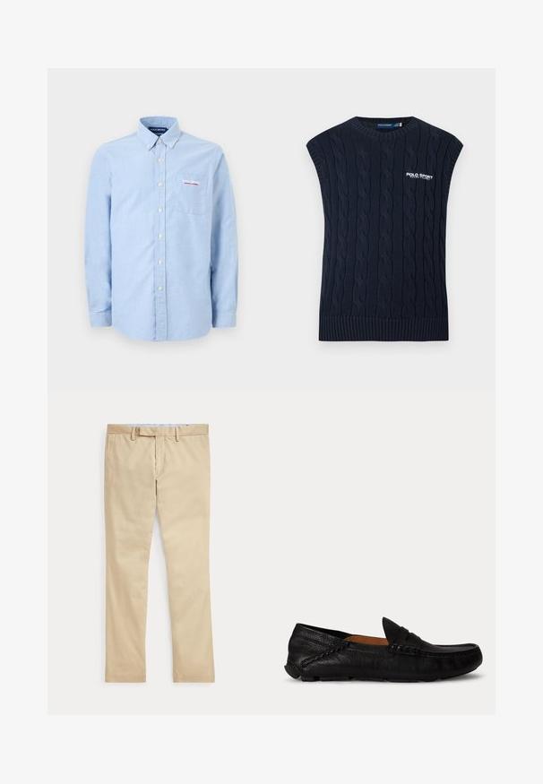 Gilet sans manches en maille torsadée bleu marine, col rond, ourlet côtelé et logo Polo Sport Ralph Lauren blanc sur la poitrine.; Chemise bleu clair à manches longues avec col à boutons, poche avant et broderie du logo "Polo Sport Ralph Lauren" sur la poche.; Pantalon beige à jambes droites avec passants de ceinture et braguette zippée à l'avant, posé à plat sur un fond blanc.; Mocassin en cuir noir à enfiler avec un bout rond et des détails cousus le long des côtés et du dessus, montré de profil sur fond blanc.