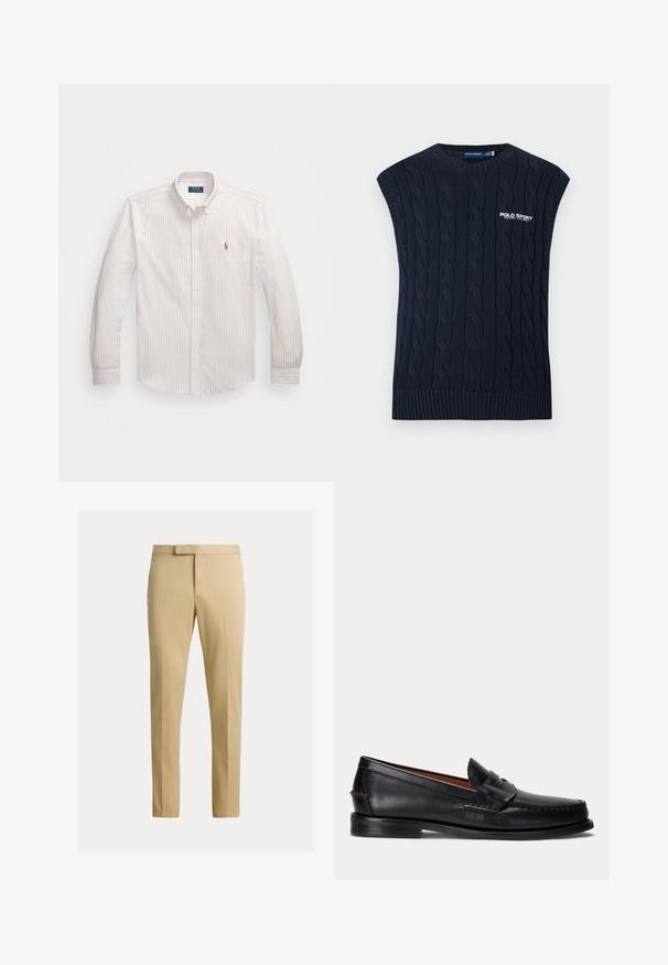 Marineblå kabelstrikket ærmeløs sweatervest med rund hals, ribkant og hvid Polo Sport Ralph Lauren-logo på brystet.; Hvid skjorte med knapper og fine lodrette striber i lys beige. Har en klassisk krave, lange ærmer og et lille broderet logo på brystet.; Beige tætsiddende bukser med frontbøjle, bæltestropper og skjult frontlukning på en ensfarvet lys baggrund.; Sort læderloafer med lav hæl og pennyremdetalje, vist fra siden på en lysegrå baggrund.