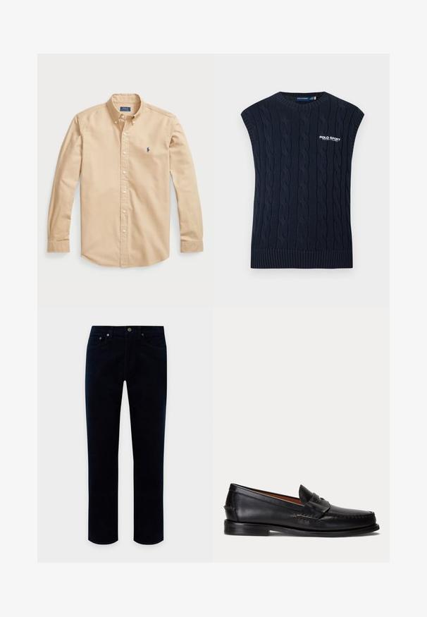 Gilet sans manches en maille torsadée bleu marine, col rond, ourlet côtelé et logo Polo Sport Ralph Lauren blanc sur la poitrine.; Chemise boutonnée beige clair en coton, avec un col classique, des manches longues, des boutons blancs et un petit logo bleu sur la poitrine.; Pantalon droit en velours côtelé noir avec poches avant et fermeture à bouton sur fond uni.; Mocassin en cuir noir avec un petit talon et une bride penny, vu de côté sur un fond gris clair.