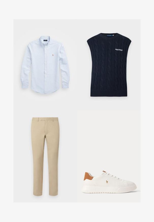 Tmavomodrá pletená bezrukávová vesta so vzorom copov, s okrúhlym výstrihom, rebrovaným lemom a bielym logom Polo Sport Ralph Lauren na hrudi.; Svetlomodrá a biela pruhovaná košeľa na gombíky s golierom, dlhými rukávmi a malým vyšívaným logom na hrudi. Materiál: bavlna.; Béžové bavlnené nohavice so rovnými nohavicami, ktoré majú pútka na opasok, plochý predný diel a upravené lemy. Hladká textúra a minimálne detaily.; Biely nízky teniska s béžovou pätovou záložkou, bielymi šnúrkami a malým vyšívaným logom hráča póla na boku nad tlustou podrážkou.