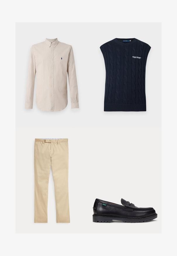 Chaleco de punto calado azul marino sin mangas con cuello redondo, dobladillo acanalado y logotipo blanco de Polo Sport Ralph Lauren en el pecho.; Camisa de manga larga a rayas en crema y marrón claro, con cuello abotonado y un pequeño logotipo en navy en el pecho.; Pantalones beige de corte recto con trabillas para cinturón y cremallera frontal, colocados planos sobre un fondo blanco.; Mocasín de cuero negro con suela gruesa estriada y pequeña etiqueta verde "Polo" en el lado exterior cerca del talón.