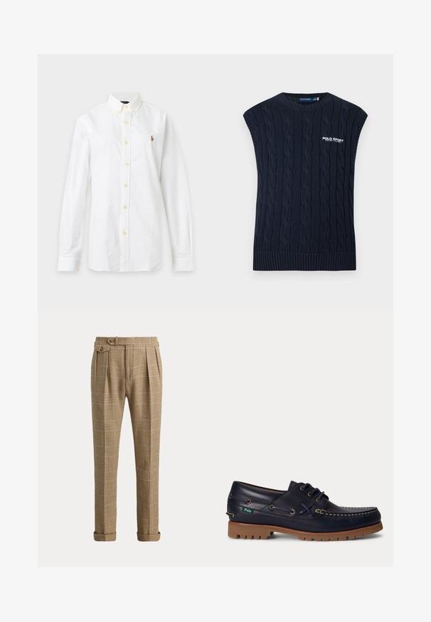 Tmavomodrá pletená bezrukávová vesta so vzorom copov, s okrúhlym výstrihom, rebrovaným lemom a bielym logom Polo Sport Ralph Lauren na hrudi.; Biela košeľa s dlhým rukávom na zapínanie na gombíky s golierom a malým vyšívaným logom na ľavej strane hrude na jednofarebnom pozadí.; Hnedé a béžové kárované nohavice s záhybmi, vyhrnutými lemami a gombíkovou bočnou kapsou na neutrálnej pozadí.; Tmavomodrá kožená topánka na loď s hnedou gumovou podrážkou, bielymi stehmi, šnúrkami a malou zelenou nálepkou Polo na boku.