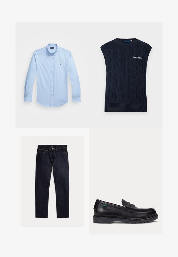 Tumesinine kaablikirjas varrukateta kampsunvest ümar kaelusega, soonilise äärega ja valge Polo Sport Ralph Laureni logoga rinnal.; Hele sinine nööpidega särk, mis on valmistatud puuvillast, pikkade varrukatega, terava kraega ja vasakul rinna piirkonnas tikandiga logo. Tasane eesmine disain.; Tumedad indigotooni sirge lõikega teksapüksid viie tasku, nööbi- ja tõmblukuga ning kontrastse oranži õmblusega ühevärvilisel taustal.; Mustast nahast loafer paksu soonelise tallaga ja väike roheline "Polo" silt välisküljel kanna lähedal.