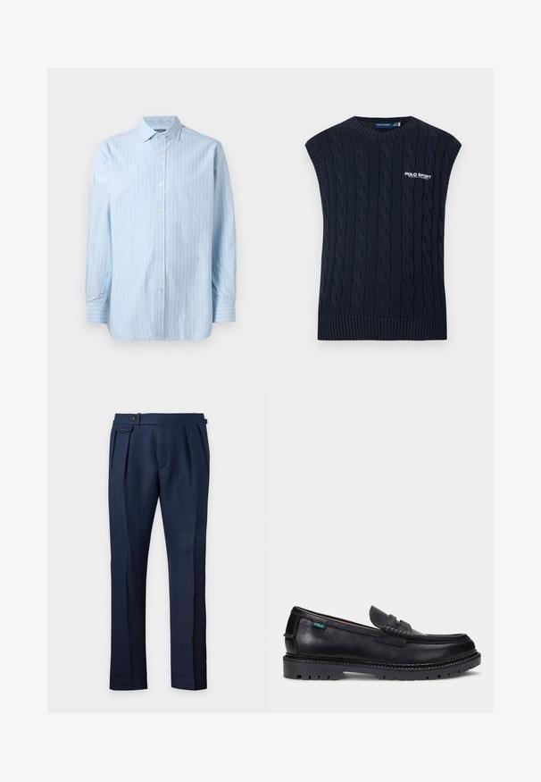Chaleco de punto calado azul marino sin mangas con cuello redondo, dobladillo acanalado y logotipo blanco de Polo Sport Ralph Lauren en el pecho.; Camisa de manga larga azul claro con rayas verticales blancas, cuello con botones y cierres de botón en el frente. Tejido de algodón texturizado.; Pantalones entallados azul marino con pliegues frontales, pestaña lateral con botón en la cintura y piernas rectas.; Mocasín de cuero negro con suela gruesa estriada y pequeña etiqueta verde "Polo" en el lado exterior cerca del talón.