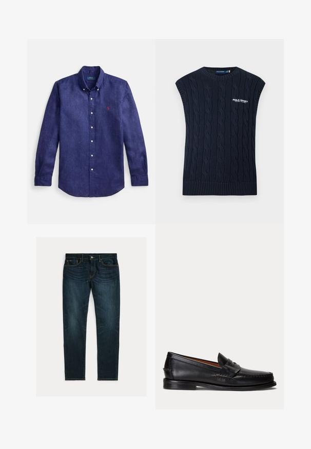 Marineblå kabelstrikket ærmeløs sweatervest med rund hals, ribkant og hvid Polo Sport Ralph Lauren-logo på brystet.; Marineblå linned med lange ærmer, skjorte med knappet krave, frontstykke og lille rødt broderet logo på venstre bryst.; Mørkeblå slim-fit jeans med let falmning og fem-lomme-design, lagt fladt på hvid baggrund.; Sort læderloafer med lav hæl og pennyremdetalje, vist fra siden på en lysegrå baggrund.