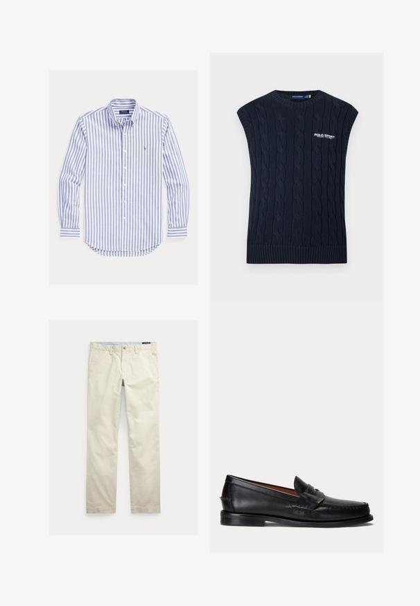 Gilet sans manches en maille torsadée bleu marine, col rond, ourlet côtelé et logo Polo Sport Ralph Lauren blanc sur la poitrine.; Chemise à manches longues rayée verticalement bleu et blanc, boutonnée, col boutonné et petit logo brodé sur la poitrine.; Pantalon beige en coton coupe droite avec passants pour ceinture, bouton devant, fermeture éclair et poches latérales.; Mocassin en cuir noir avec un petit talon et une bride penny, vu de côté sur un fond gris clair.