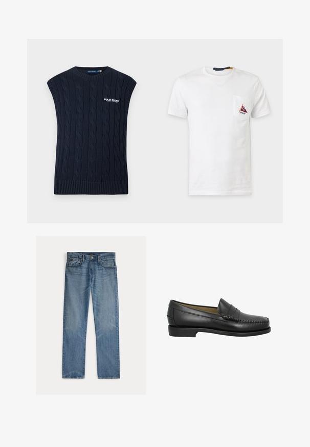 Marineblå kabelstrikket ærmeløs sweatervest med rund hals, ribkant og hvid Polo Sport Ralph Lauren-logo på brystet.; Hvid T-shirt med korte ærmer med en lomme på venstre bryst, som har en rød og blå trekantet Polo-logo og tekst nedenunder.; Lyseblå denimjeans med et lige snit, der har fem lommer, knaplukning og en diskret falmet effekt på stoffet.; Sorte læder loafersko med en rund tå, dekorativ syning og en lav, flad sål. Glat tekstur, minimalistisk design uden udsmykninger.
