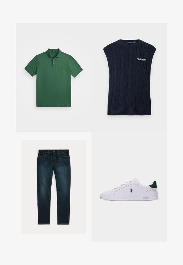Laivastonsininen palmikkoneulottu hihaton villaliivi pyöreällä kaula-aukolla, resorilla helmassa ja valkoisella Polo Sport Ralph Lauren -logolla rinnassa.; Vihreä poolopaita, joka on valmistettu puuvillasekoitteesta. Paidassa on kaulus, kolme nappia edessä ja rintatasku, jossa on pieni punainen logo.; Tummansininen slim-fit farkut, joissa hieman haalistumaa ja viiden taskun malli, asetettuna tasaisesti valkoiselle taustalle.; Valkoinen matala tennari vihreällä kantapään lenkillä, sivussa kirjailtu Polo-hevosen logo, pohjassa "Polo"-teksti ja yläosassa kullanvärinen "Ralph Lauren"-allekirjoitus.