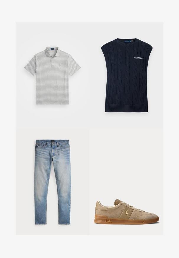 Tmavomodrá pletená bezrukávová vesta so vzorom copov, s okrúhlym výstrihom, rebrovaným lemom a bielym logom Polo Sport Ralph Lauren na hrudi.; Sivá polo košeľa s tenkými bielymi pruhmi, krátkymi rukávmi, trojihlým zapínaním a malým logom na ľavej hrudi. Vyrobená z jemnej bavlnenej látky.; Svetlomodré denimové nohavice s bledým povrchom, dizajnom na päť vreciek a kontrastným prešívaním. Obsahujú zips a pútka na opasok. Rovný strih.; Béžové nízke tenisky z brúseného semišu a kože s gumovou podrážkou, bielymi šnúrkami a logom Polo na boku a na podrážke.