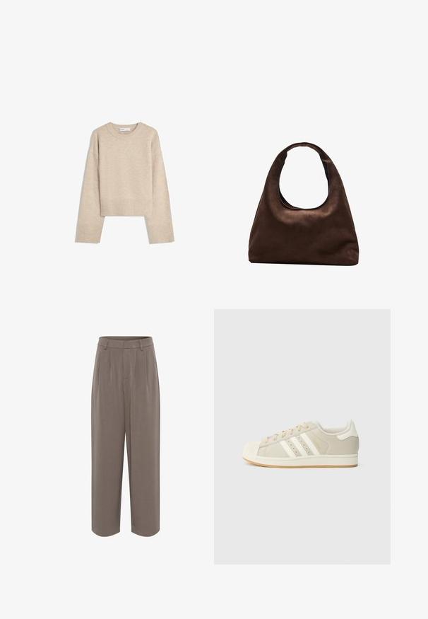 Pull en beige court en tricot doux. Présente un col rond, des manches longues et des bords-côtes aux poignets et à l'ourlet pour une texture supplémentaire.; Pantalons larges marron en tissu lisse avec taille haute et deux plis à l'avant, offrant une silhouette soignée et ajustée.; Baskets beige avec une tige en cuir texturé, trois bandes blanches, une coque en caoutchouc classique à l'avant et une semelle extérieure en gomme. Accentué par un logo doré.; Sac à main en toile marron doux de style hobo avec une large sangle unique et une ouverture en haut arrondie, présenté sur un fond blanc.