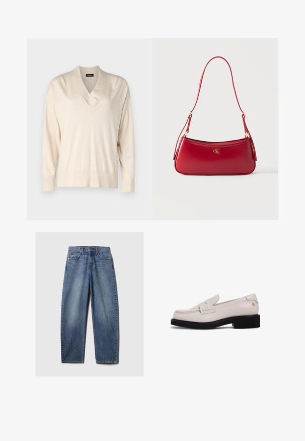 Beige sweater med V-hals og lange ærmer. Lavet af blødt, letvægtsstof. Har en afslappet pasform og ribbede manchetter og kant.; Blå denim jeans med en afslappet pasform, der har fem lommer, kobbernitter og en fadet vask. Lige ben med en ren kant.; Kremfarvede loafers i læder med forstykke og lille blokhæl. Har kontrasterende sort sål og diskret brandingdetalje.; Rødt læder skuldertaske med gyldent "cK" logoemblem og justerbar rem mod en ensfarvet lys baggrund.