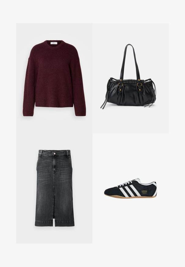 Bordeaux wollen sweater met een ronde hals, verlaagde schouders en ribgebreide manchetten en zoom. Zachte textuur en een licht oversized pasvorm.; Donkerdenim rok met een rechte snit, knielang, met een split aan de voorkant en een klassiek vijf-pocket ontwerp. Heeft een knoopsluiting en riemlussen.; Zwarte suède sneaker met witte drie strepen, gouden logo en een bruine rubberen zool. Heeft een laag profiel vetersluiting ontwerp.; Zwarte leren handtas met een afgeronde vorm, dubbele handvatten, decoratieve hardware accenten en details met zijstrikken. Smooth, glanzende textuur.
