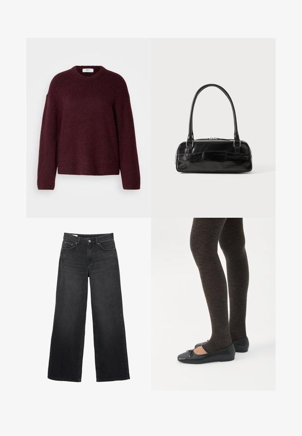 Bordeaux wollen sweater met een ronde hals, verlaagde schouders en ribgebreide manchetten en zoom. Zachte textuur en een licht oversized pasvorm.; Zwarte jeans met brede pijpen, hoge taille, sluiting met knopen en rits aan de voorkant, riemlussen en een ontwerp met vijf zakken.; Benen met donkere geribbelde leggings gecombineerd met zwarte ballerina's met kleine strikdetails op een witte achtergrond.; Zwarte leren handtas met een rechthoekige vorm, voorzien van een enkele gestructureerde handgreep, zilveren hardware en ritsluiting. Gladde textuur.