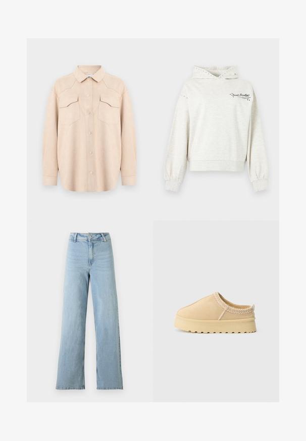 Sweat à capuche gris clair avec œillets métalliques sur la capuche et les manches, portant le texte « Sweet Goodbye » et des accents d'étoiles sur la poitrine.; Chemise beige clair à manches longues avec col, fermeture à boutons et deux poches poitrine à rabat, présentée sur un fond clair uni.; Jean en denim bleu clair taille haute à jambes larges, fermeture devant par bouton et fermeture éclair, passants pour ceinture, sans usure visible.; Chaussure slip-on beige avec semelle en caoutchouc épaisse, coutures en zigzag autour du col et languette au talon sur fond blanc uni.