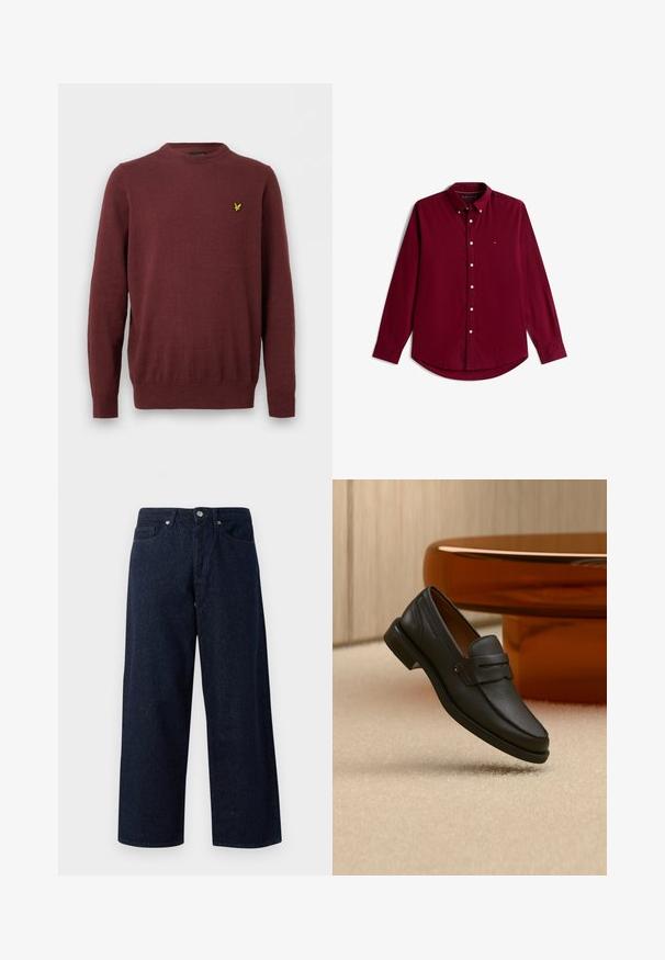 Suéter burdeos de manga larga con cuello redondo y un pequeño logo bordado de un pájaro amarillo en el pecho izquierdo.; Camisa de manga larga en rojo oscuro con cuello abotonado y pequeño logo bordado en el pecho izquierdo.; Jeans de mezclilla anchos de color azul oscuro con cierre de botón, bolsillos delanteros y una sutil textura, con dobladillos rectos y un ajuste relajado.; Mocasín de hombre de cuero negro con una banda en la parte superior, exhibido sobre una alfombra beige cerca de una mesa circular moderna marrón.