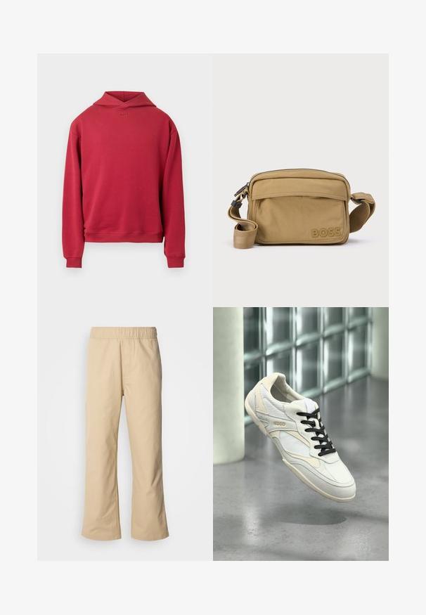 Roter Baumwoll-Hoodie mit lockerem Schnitt, ausgestattet mit einer Kängurutasche, gerippten Bündchen und einem dezenten "BOSS"-Logo auf der Brust. Schlichtes Design.; Beige weite Hose mit elastischem Bund, aus glattem Baumwollstoff, mit Seitentaschen und gerader Silhouette.; Weißer und beiger Sneaker mit schwarzen Schnürsenkeln und "HUGO"-Markenlogo, der über einem polierten grauen Boden mit Hintergrund aus Glassteinwand schwebt.; Beigefarbene Umhängetasche aus strukturiertem Stoff, mit Reißverschluss-Hauptfach, Fronttasche und geprägt sichtbarem Logo. Verstellbarer Riemen, kompakte rechteckige Form.