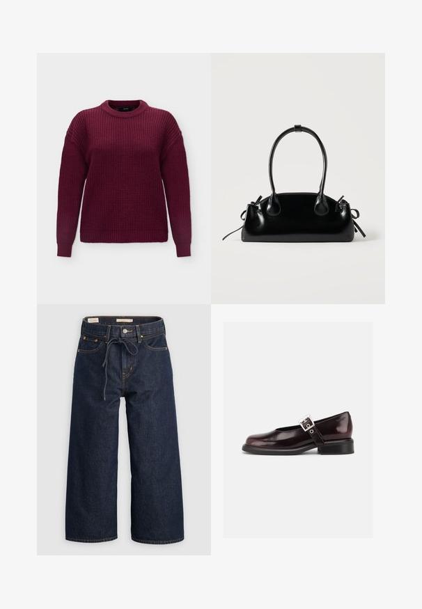 Jersey de punto de manga larga en rojo oscuro con cuello redondo y puños y bajo acanalados, mostrado sobre fondo blanco.; Jeans de mezclilla de pierna ancha en azul oscuro con cintura ajustable por cordón, bolsillos frontales y detalles de costura en naranja contrastante.; Zapato único Mary Jane brillante de color burdeos oscuro con correa ancha y hebilla plateada, tacón bloque bajo y punta redondeada sobre fondo blanco.; Pequeño bolso negro brillante con dos asas largas y detalles de cordón lateral sobre un fondo claro liso.