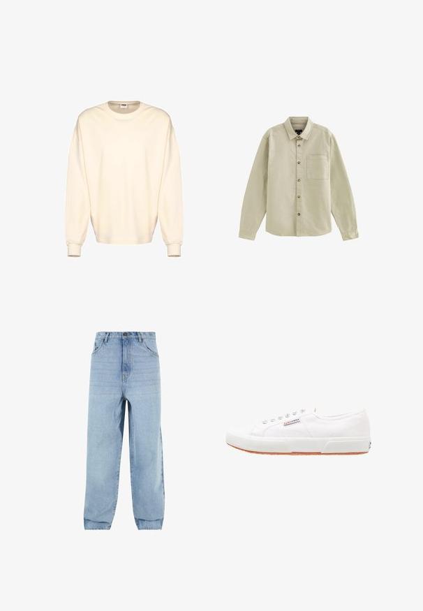 Crème-kleurige oversized sweatshirt met lange mouwen, een ronde hals en geribbelde manchetten. Gemaakt van zacht, glad materiaal, minimalistisch ontwerp.; Beige overhemd met lange mouwen, knopen, kraag en borstzak, gemaakt van gladde stof, plat uitgestald op een witte achtergrond.; Lichtblauwe denim jeans met een losse pasvorm, hoge taille en vijf zakken. Voorzien van riemlussen en een knoopsluiting. Glad textuur.; Witte canvas sneakers met een rubberen zool, vetersluiting en een klein logolabel aan de zijkant. Gewreven wit bovenwerk en een bruine zool.