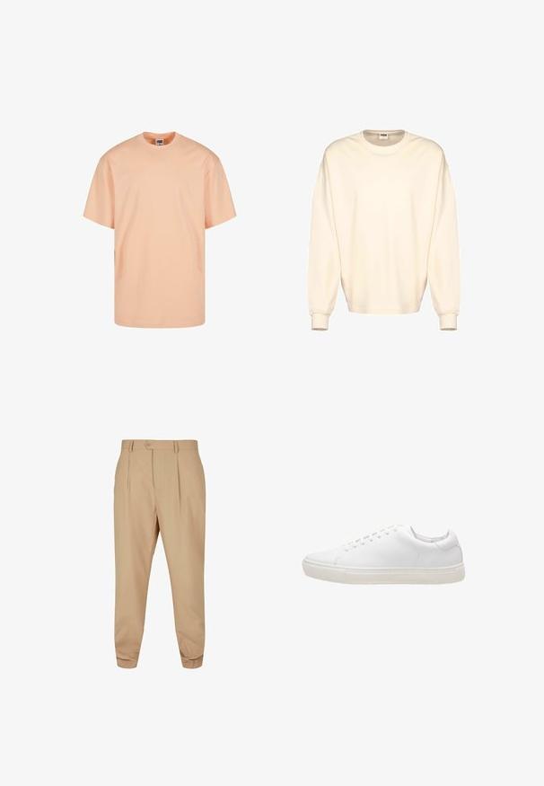 Crème-kleurige oversized sweatshirt met lange mouwen, een ronde hals en geribbelde manchetten. Gemaakt van zacht, glad materiaal, minimalistisch ontwerp.; Licht perzikkleurig t-shirt met korte mouwen van katoen. Heeft een ronde halslijn en een comfortabele pasvorm. Gladde textuur zonder patronen of afbeeldingen.; Beige op maat gemaakte broeken met plooi, knoopsluiting, riemlussen en taps toelopende benen tegen een witte achtergrond.; Witte leren sneaker met een gladde textuur, ronde neus, vetersluiting en een platte rubberen zool. Minimalistisch ontwerp zonder zichtbare patronen.