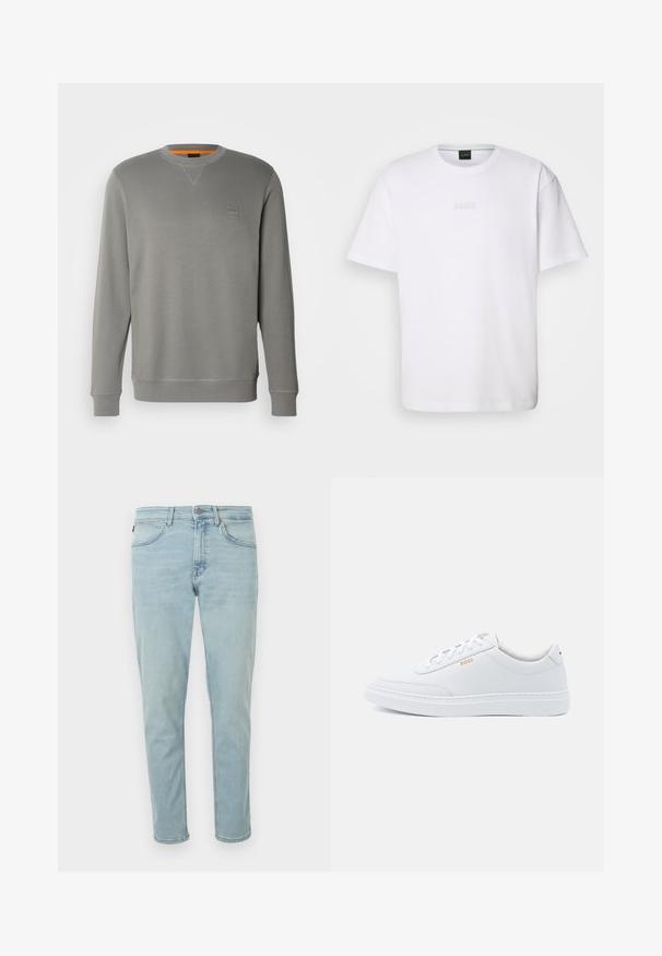 BOSS WESTART - Sweatshirt - open grey sixteen; T-shirt en coton blanc à manches courtes, col rond, avec un logo « BOSS » en relief sur la poitrine. Texture lisse, coupe standard.; Jean en denim bleu clair à coupe slim, avec cinq poches, fermeture par bouton et zip, et légère décoloration pour un aspect net.; Baskets blanches en cuir avec une texture lisse, bout rond et coutures tonales. Possède des lacets bleus et un logo doré sur le côté.
