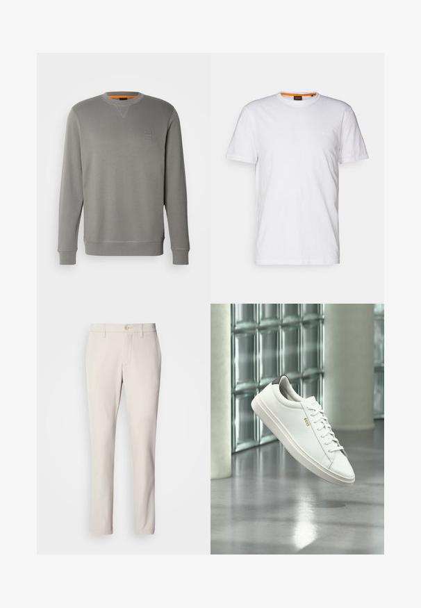 BOSS WESTART - Sweatshirt - open grey sixteen; T-shirt en coton blanc avec un col rond, des manches courtes et un logo en relief subtil sur la poitrine. L'étiquette intérieure a une touche d'orange.; Pantalon beige à coupe slim, avec un système de fermeture à bouton à l'avant, un design à l'avant plat et une coupe droite, fabriqué en tissu en mélange de coton lisse.; Baskets basses en cuir blanc avec lacets, languette de talon noire et logo « BOSS », flottant à l'intérieur près d'un mur en blocs de verre et d'un sol poli.