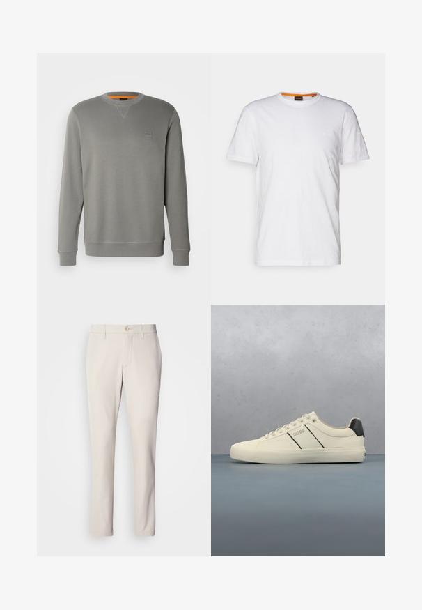 BOSS WESTART - Sweatshirt - open grey sixteen; Hvid bomulds T-shirt med rund hals, korte ærmer og et subtilt præget logo på brystet. Indvendigt mærke har en orange detalje.; Beige bukser med slim fit, der har en frontknaplukning, flad frontdesign og lige ben, lavet af glat bomuldsblandingsstof.; Cremefarvede sneakers med en glat tekstur, der har sorte accenter og branding. Klassisk snørebåndsdesign med rund tå og gummisål.