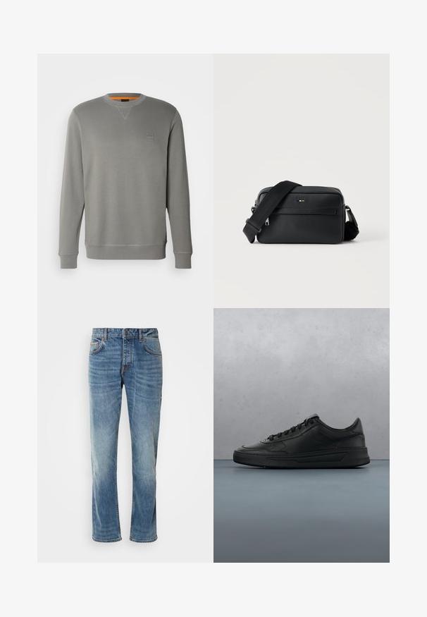 BOSS WESTART - Sweatshirt - open grey sixteen; Helle blaue Jeans aus Denim mit geraden Beinen, fünf Taschen, kontrastierenden Nähten und einem abgewetzten Finish. Verfügt über einen Knopf- und Reißverschluss.; Schwarze Sneaker mit glattem Lederobermaterial, runder Zehenpartie, flachen Schnürsenkeln, gepolstertem Kragen und minimalistischem Design. Gummisohle mit subtiler Profilierung.; Schwarze, strukturierte Leder-Crossbody-Tasche mit vorderer Reißverschlusstasche und verstellbarem breitem Stoff-Schulterriemen auf weißem Hintergrund.