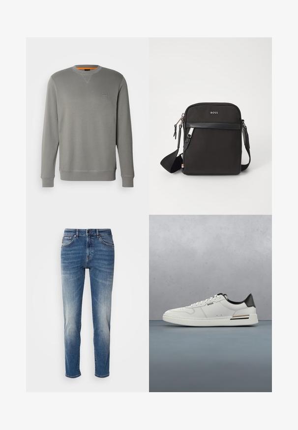 BOSS WESTART - Sweater - open grey sixteen; Blauwe denim jeans met een recht model, lichte vervaging, klassieke vijf-pocketstijl en een ritssluiting met knoopsluiting.; Witte lage sneaker met zwarte hiel, vetersluiting, subtiele perforaties en het "BOSS" logo aan de zijkant, getoond vanuit het zijprofiel.; Zwarte schoudertas van textuurstof, met logo aan de voorkant, ritssluiting en verstelbare schouderband. Voorzien van een gladde leren rand.