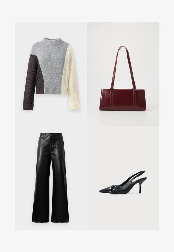 Suéter de punto grueso con diseño a bloques de color en gris, marrón oscuro y crema, que presenta un cuello alto y puños y bajo acanalados.; Pantalones de imitación de cuero negros de cintura alta y pierna ancha con botón frontal, cierre de cremallera, pasadores para cinturón y bolsillos laterales sobre fondo blanco.; Zapato de tacón alto tipo slingback de piel negra con puntera puntiaguda, con hebilla y detalle de tira con ojetes en la parte delantera.; Bolso burdeos hecho de material brillante, de forma rectangular, con dos asas para el hombro y sutiles acentos curvados en la parte frontal.