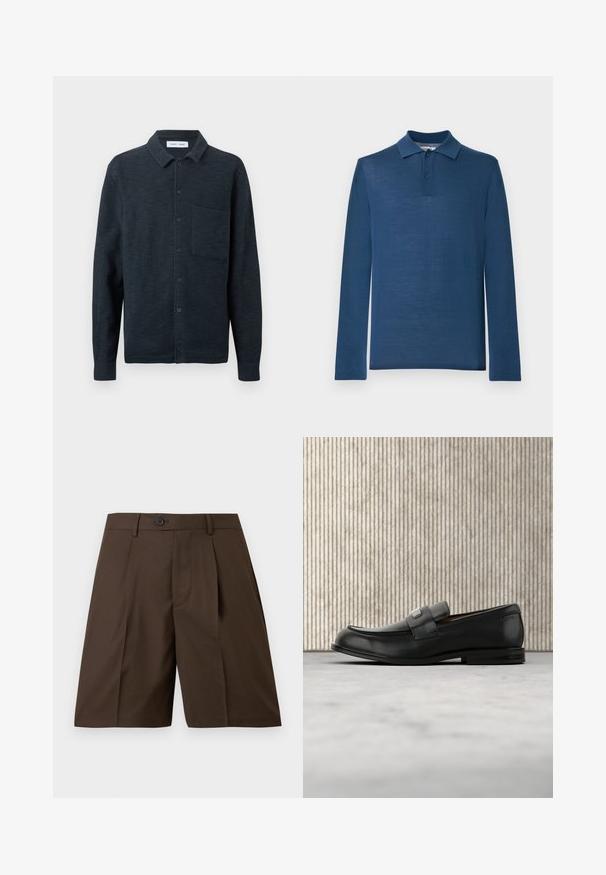 Polo à manches longues bleu marine en tissu doux, avec un col classique, une patte de boutonnage à deux boutons et une texture lisse.; Chemise texturée bleu marine foncé à manches longues avec boutons, col et une poche poitrine unique à gauche sur un fond uni.; Shorts marron sur mesure, arrivant jusqu'aux genoux, avec passants pour ceinture, fermeture à bouton et plis à l'avant, présentés sur un fond blanc.; Mocassin en cuir noir avec une plaque de marque en métal reposant près d'une table ronde marron sur un sol recouvert de moquette beige.