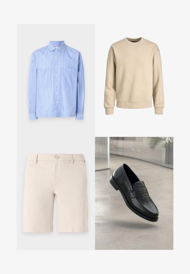 Beige huppari, joka on valmistettu pehmeästä kankaasta, jossa on pyöreä pääntie, pitkät hihat sekä ribbikuvioidut hihansuut ja helma rentoa istuvuutta varten.; Vaaleansininen raidallinen paita, jossa on pitkät hihat, kaksi etutaskua, nappikiinnitys ja erottuvat ohuet raidat. Valmistettu puuvillasekoitemateriaalista.; Beige šortai, pagaminti iš lygaus audinio; turi mygtuko užsegimą, diržo kilpas ir švarų priekį su tiesios kojos atvartais.; Mustat nahkaiset loaferit, joissa on sileä pinta, kärjekäs kärki ja koristeellinen remmi jalkapöydän yli. Kevyt pohja, minimalistinen muotoilu.