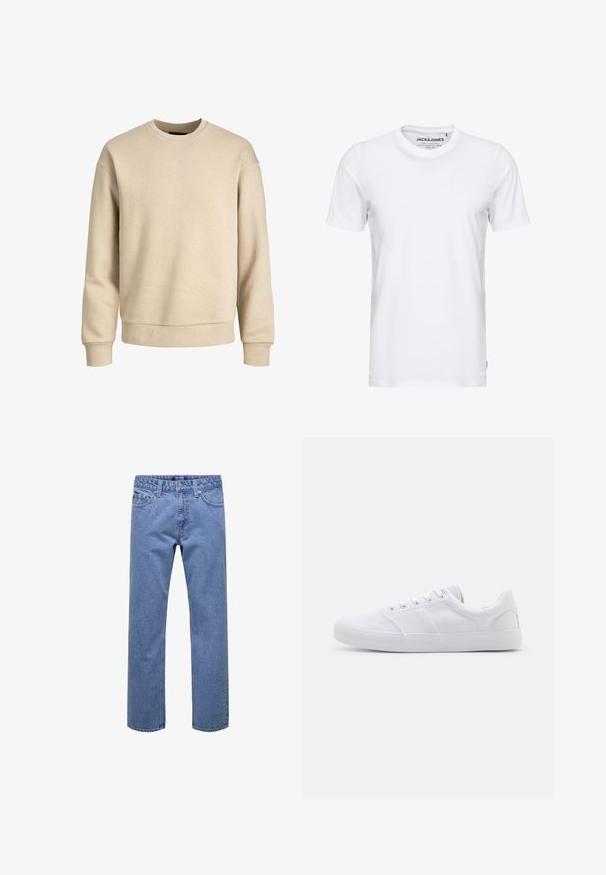 Sweatshirt beige en tissu doux, avec un col rond, des manches longues et des poignets et un ourlet côtelés pour un ajustement décontracté.; T-shirt blanc à manches courtes en coton, avec un col rond et un design simple. Étiquette de marque visible au niveau du cou. Aucun motif ni accent.; Jean droit en denim bleu avec bouton et fermeture éclair à l'avant, passants pour ceinture, et poches avant et arrière.; Baskets en toile blanches avec une semelle en caoutchouc, dotées de six œillets, d'un embout texturé et d'un design minimaliste.