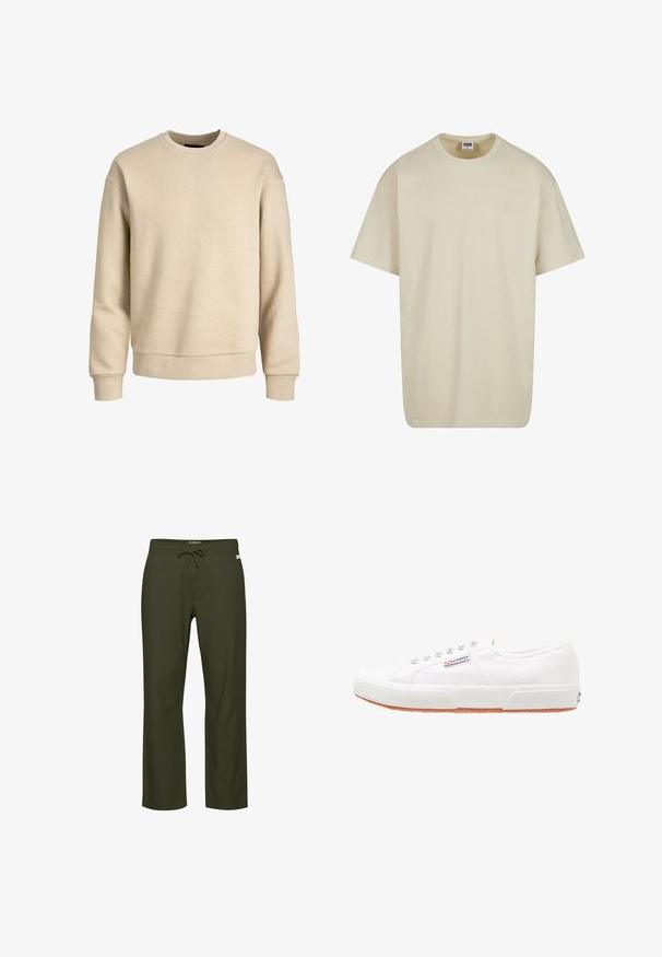 Beige Sweatshirt aus weichem Stoff, mit Rundhalsausschnitt, langen Ärmeln und gerippten Bündchen und Saum für eine lässige Passform.; Hellbeiges Baumwoll-T-Shirt mit kurzen Ärmeln, Rundhalsausschnitt und legerer Passform. Der Stoff wirkt glatt ohne sichtbare Muster oder Akzente.; Olivegrüne Hose mit Kordelzugbund, geradem Bein, weicher Stoffstruktur und einem dezenten Logotag vorne.; Weiße Leinensneaker mit Gummisohle, Schnürdesign und einem kleinen Logolabel an der Seite. Strukturierte weiße Oberseite und braune Außensohle.