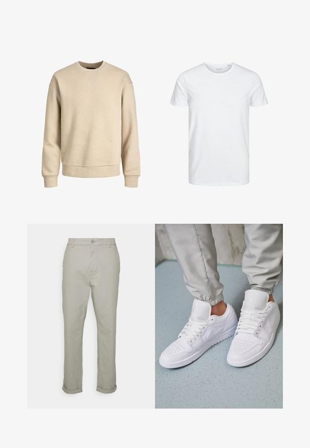 Sudadera beige hecha de una tela suave, con cuello redondo, mangas largas y puños y dobladillo acanalados para un ajuste relajado.; Camiseta de manga corta y cuello redondo en blanco sólido, fabricada en algodón suave, presenta un diseño simple sin patrones ni acentos visibles.; Only & Sons ONSKENT CROPPED PANT - Pantalones chinos - limestone; Las zapatillas deportivas de cuero blanco cuentan con una caja de dedos perforada, cordones planos, un cuello acolchado y el logo de Jordan en la lengüeta. Las llevan puestas con pantalones joggers grises.