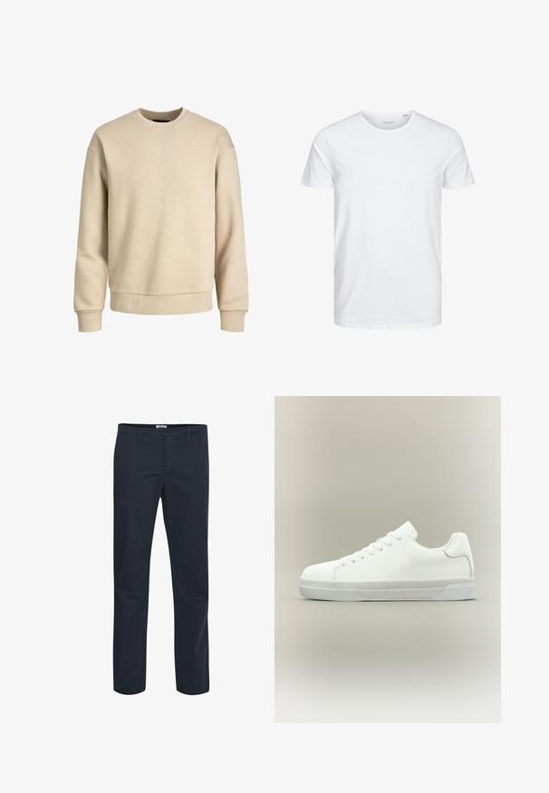 Beige sweatshirt lavet af blødt stof, med rund hals, lange ærmer og ribbede mansjetter og kant for en afslappet pasform.; Rundhals kortærmet t-shirt i ensfarvet hvid, lavet af blød bomuld, har et simpelt design uden synlige mønstre eller detaljer.; Mørkeblå bukser lavet af en blanding af bomuldsstof. Har et klassisk design med forlommer og lynlås. Glat tekstur.; Hvid lavtop sneaker med snørelukning foran, polstret krave og tekstureret gummisål, vist i sidelayout på neutral baggrund.