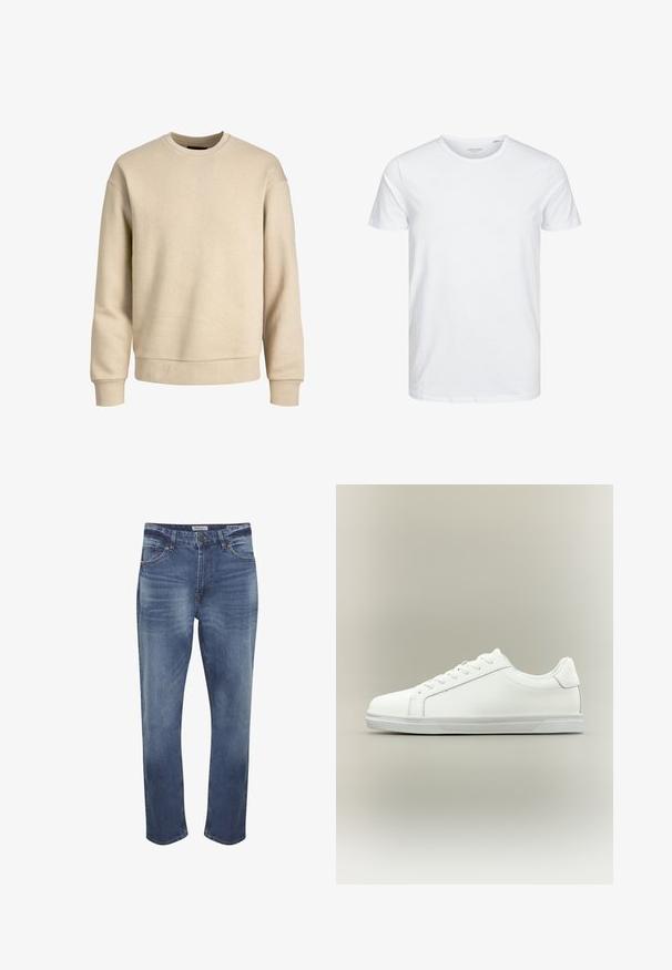 Beige sweatshirt gemaakt van zachte stof, met een ronde hals, lange mouwen en ribbelboorden en -zoom voor een ontspannen pasvorm.; Ronde hals kortemouwen t-shirt in effen wit, gemaakt van zachte katoen, heeft een eenvoudig ontwerp zonder zichtbare patronen of accenten.; Denim jeans in middelblauw met een vervaagde afwerking, vijf zakken ontwerp, ritsvlieg, en een standaard rechte pijp snit. Kenmerkende stikseldetails.; Witte lage sneaker met veterluiting aan de voorkant en een gestructureerde rubberen zool tegen een neutrale achtergrond.