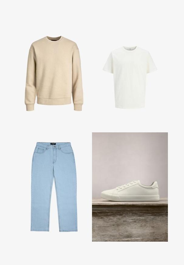 Beige sweatshirt gemaakt van zachte stof, met een ronde hals, lange mouwen en ribbelboorden en -zoom voor een ontspannen pasvorm.; Witte katoenen t-shirt met een ronde hals en korte mouwen, met een schoon, eenvoudig ontwerp en een gladde textuur.; Lichtblauwe jeans met rechte pijpen, voorzakken, riemlussen, knoopsluiting en zichtbare stikdetails.; Witte vetersneaker die boven een houten bank zweeft met groene bladeren op de achtergrond, waarbij het ontwerp en de textuur van de schoen worden getoond.