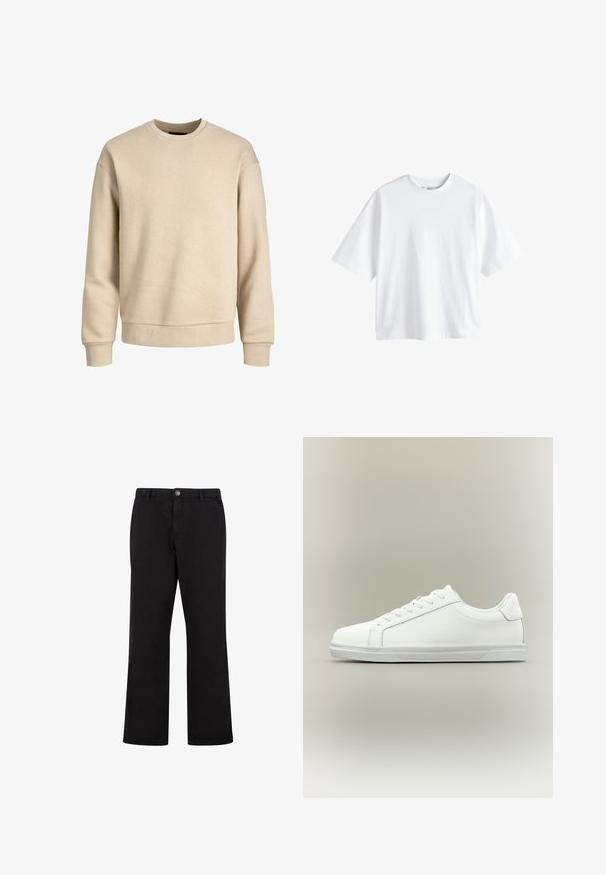 Beige sweatshirt gemaakt van zachte stof, met een ronde hals, lange mouwen en ribbelboorden en -zoom voor een ontspannen pasvorm.; Next BOXY FIT - HEAVYWEIGHT T-SHIRT . - T-shirt basic - white; Zwarte rechte broek met knoopsluiting aan de voorkant, riemlussen en zijzakken, getoond op een witte achtergrond.; Witte lage sneaker met veterluiting aan de voorkant en een gestructureerde rubberen zool tegen een neutrale achtergrond.
