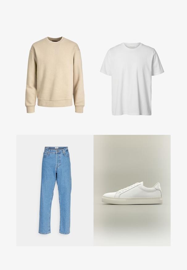Beige sweatshirt lavet af blødt stof, med rund hals, lange ærmer og ribbede mansjetter og kant for en afslappet pasform.; Enkelt hvid T-shirt med korte ærmer og rund hals, løs pasform og uden synlige logoer eller designs foran.; Lyseblå højtaljede lige ben jeans med knap foran, lynlåslukning, bæltestropper og fem-lomme design på hvid baggrund.; Hvid lavtop sneaker med snørebånd foran og tyk sål, vist fra siden mod en neutral baggrund.