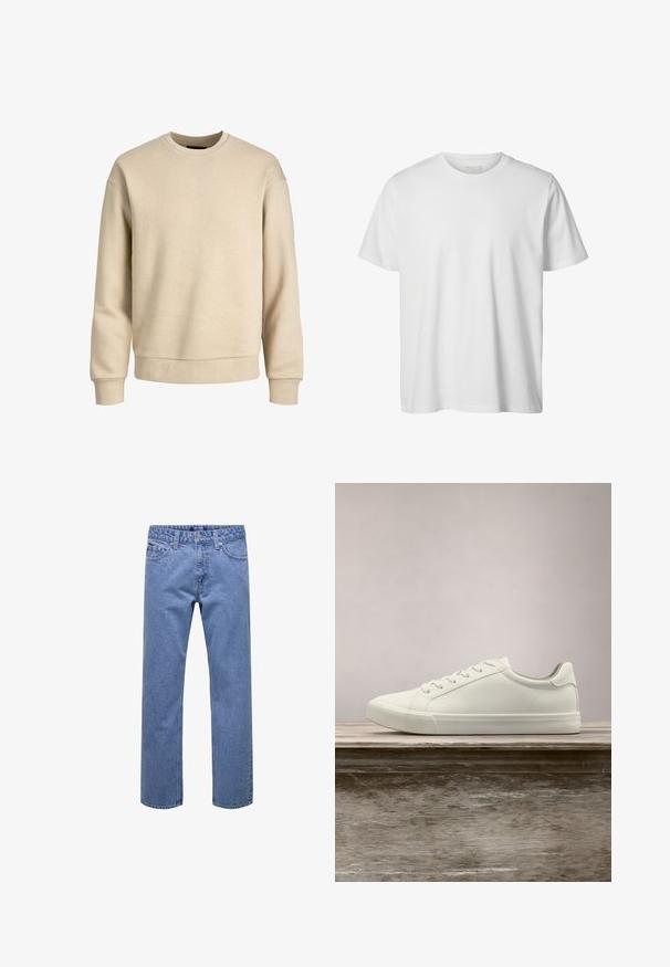 Sweatshirt beige en tissu doux, avec un col rond, des manches longues et des poignets et un ourlet côtelés pour un ajustement décontracté.; T-shirt blanc uni à manches courtes, col rond, coupe décontractée, sans logos ni motifs visibles à l'avant.; Jean droit en denim bleu avec bouton et fermeture éclair à l'avant, passants pour ceinture, et poches avant et arrière.; Sneaker en dentelle blanche flottant au-dessus d'un banc en bois avec un feuillage vert en arrière-plan, mettant en valeur le design et la texture de la chaussure.