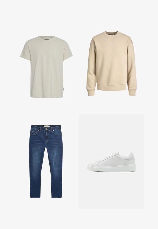 Beige huppari, joka on valmistettu pehmeästä kankaasta, jossa on pyöreä pääntie, pitkät hihat sekä ribbikuvioidut hihansuut ja helma rentoa istuvuutta varten.; Vaaleanbeige puuvillainen t-paita, jossa on pyöreä kaula-aukko ja lyhyet hihat. Rinnassa on pieni logo ja suora helma. Sileä rakenne.; Tummansiniset kapeat farkut, joissa on klassinen viiden taskun muotoilu, kupariset niitit ja nappisulku, sekä kevyet kulutuskohdat reisillä.; Valkoinen nahkakengät, joissa on sileä pinta, pyöreä varvas, matala muotoilu ja hillitty brändäys sivulla. Pehmustettu kaulus ja nauhat.