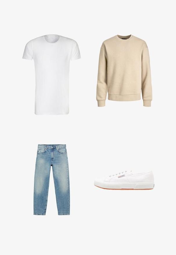 Beige Sweatshirt aus weichem Stoff, mit Rundhalsausschnitt, langen Ärmeln und gerippten Bündchen und Saum für eine lässige Passform.; Weißes T-Shirt mit kurzen Ärmeln, aus weicher Baumwolle, mit Rundhalsausschnitt und geradem Saum. Keine sichtbaren Muster oder Verzierungen.; Blue Jeans mit geradem Bein, vorderen Taschen und Gürtelschlaufen, die leichte Verblassungen an Oberschenkeln und Knien zeigen.; Weiße Leinensneaker mit Gummisohle, Schnürdesign und einem kleinen Logolabel an der Seite. Strukturierte weiße Oberseite und braune Außensohle.