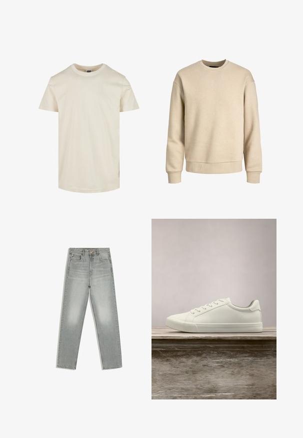 Beige sweatshirt gemaakt van zachte stof, met een ronde hals, lange mouwen en ribbelboorden en -zoom voor een ontspannen pasvorm.; Korte mouwen, ronde hals t-shirt in een lichtbeige kleur. Gemaakt van zachte katoen, heeft een gladde textuur en een rechte zoom.; Grijze rechtgesneden jeans met vijf zakken, knoop- en ritssluiting, plat liggend afgebeeld op een witte achtergrond.; Witte vetersneaker die boven een houten bank zweeft met groene bladeren op de achtergrond, waarbij het ontwerp en de textuur van de schoen worden getoond.