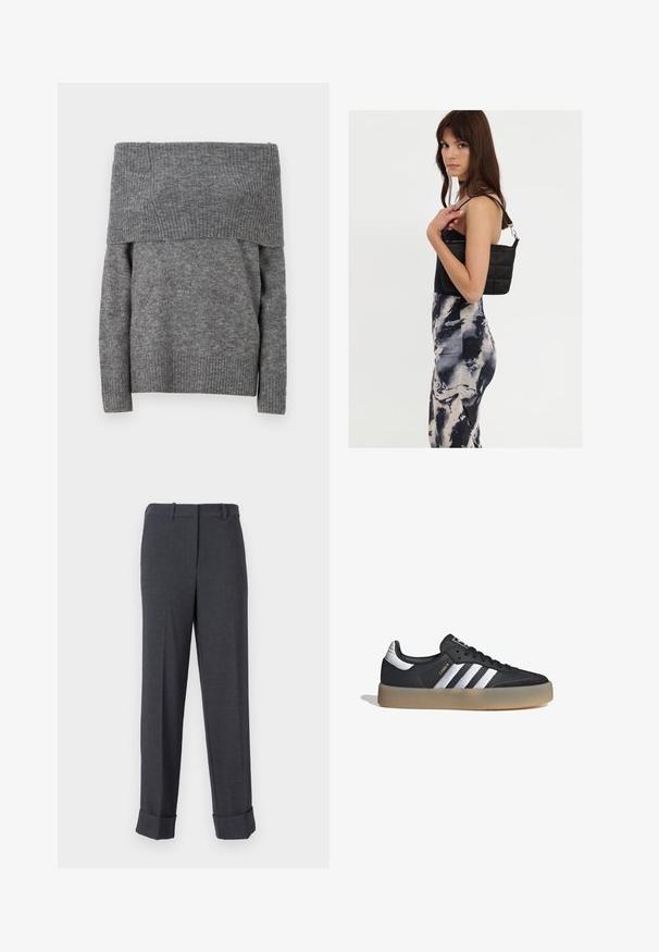 Jersey gris de hombros descubiertos con textura acanalada y diseño sólido. Cuenta con mangas largas y un amplio cuello acanalado para un detalle adicional.; Pantalones grises ajustados hechos de un tejido texturizado, con pierna recta, trabillas para cinturón y dobladillos enrollados para una apariencia estructurada.; Zapatilla deportiva de cuero negro con tres rayas plateadas, punta texturizada y suela de goma. Cuenta con un collar acolchado y un diseño con cordones.; Bolso de hombro negro acolchado con una sola correa y herrajes plateados, combinado con un vestido ajustado de patrón tie-dye en tonos de negro y crema.