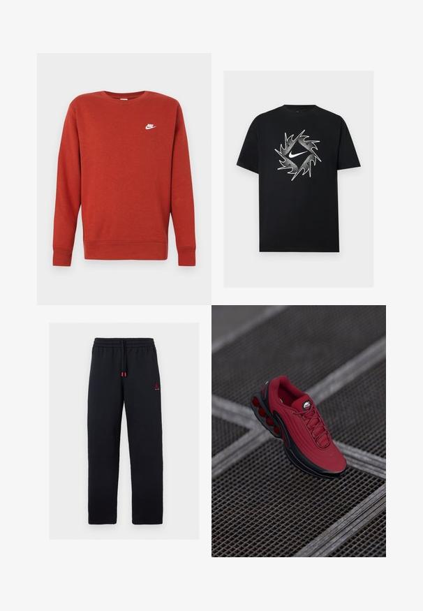 Červená bavlnená mikina s dlhými rukávmi a rebrovanými manžetami. Na ľavej hornej strane hrudníka je malá biela logo Nike. Klasický okrúhly výstrih.; Čierne tričko s krátkym rukávom s bielym Nike logom v strede, obklopené dynamickým ostnatým kruhovým vzorom.; Čierne tepláky s elastickým pásom a šnúrkou, malé červené logo Jumpman s textom "AIR" na ľavom stehne.; Červená teniska s textúrovaným vrchným materiálom, s čiernymi akcentmi a výrazným dizajnom podošvy s vzduchovým odpružením. Šnúrky a logo sú viditeľné na vrchu.